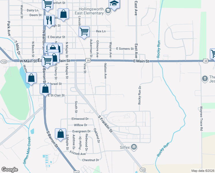 map of restaurants, bars, coffee shops, grocery stores, and more near 300 Nation Avenue in Eaton