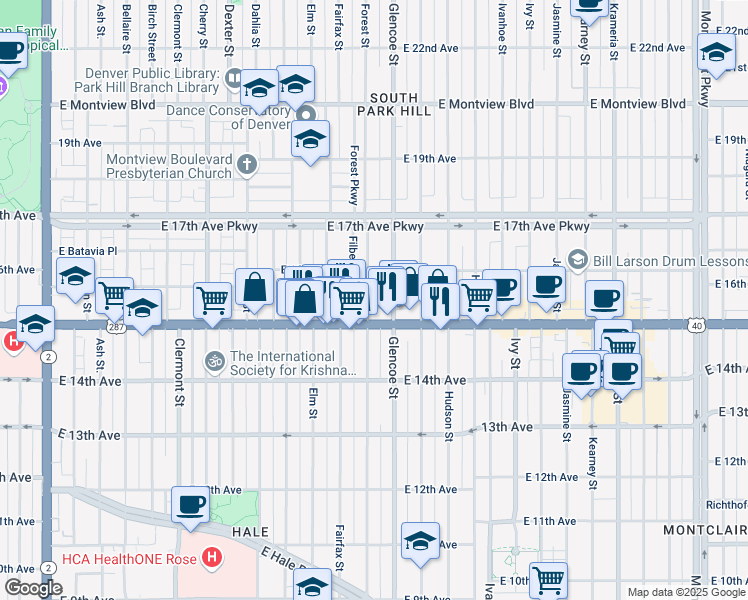 map of restaurants, bars, coffee shops, grocery stores, and more near 1534 Forest Street in Denver