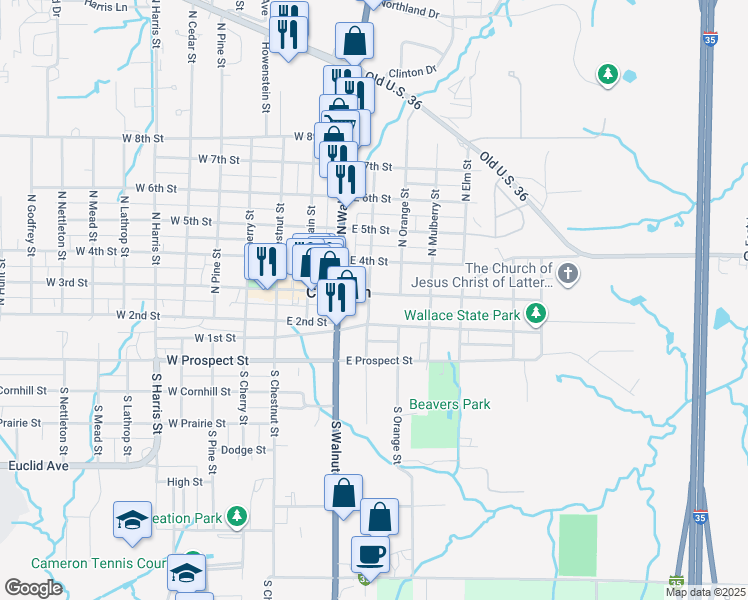 map of restaurants, bars, coffee shops, grocery stores, and more near 402 East 3rd Street in Cameron