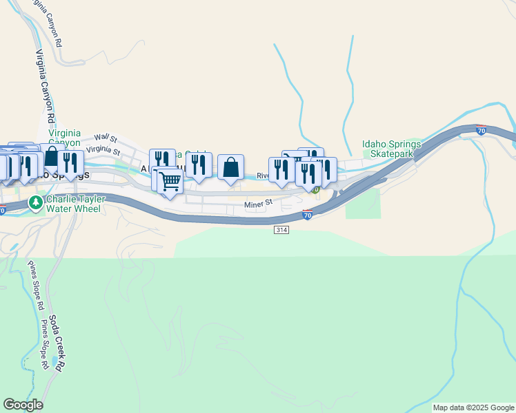map of restaurants, bars, coffee shops, grocery stores, and more near 2800 Miner Street in Idaho Springs