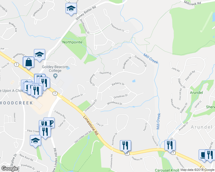 map of restaurants, bars, coffee shops, grocery stores, and more near 232 Barberry Drive in Wilmington