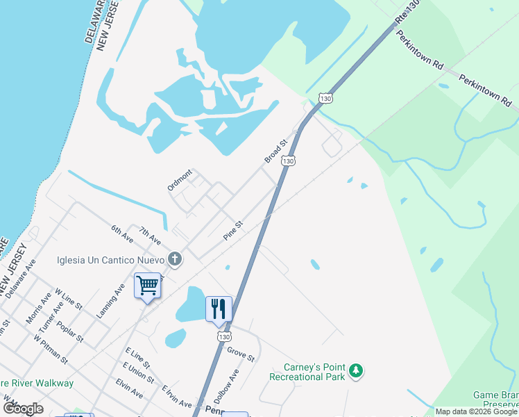 map of restaurants, bars, coffee shops, grocery stores, and more near 308 Pine Street in Carneys Point Township