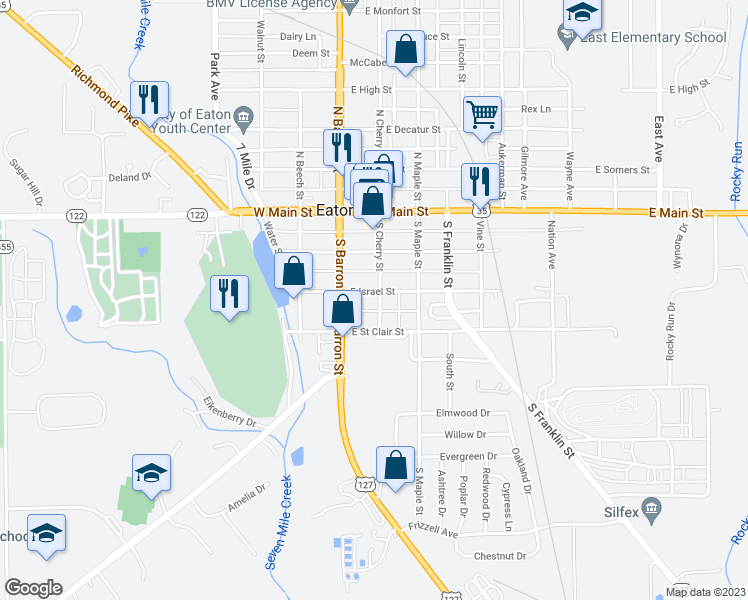 map of restaurants, bars, coffee shops, grocery stores, and more near 307 South Cherry Street in Eaton