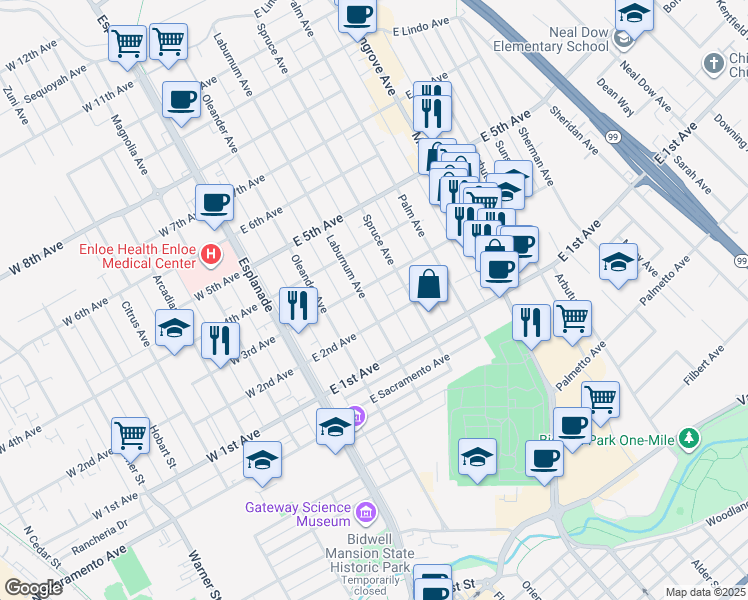 map of restaurants, bars, coffee shops, grocery stores, and more near 1232 Laburnum Avenue in Chico
