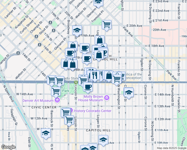 map of restaurants, bars, coffee shops, grocery stores, and more near 1540 Grant Street in Denver