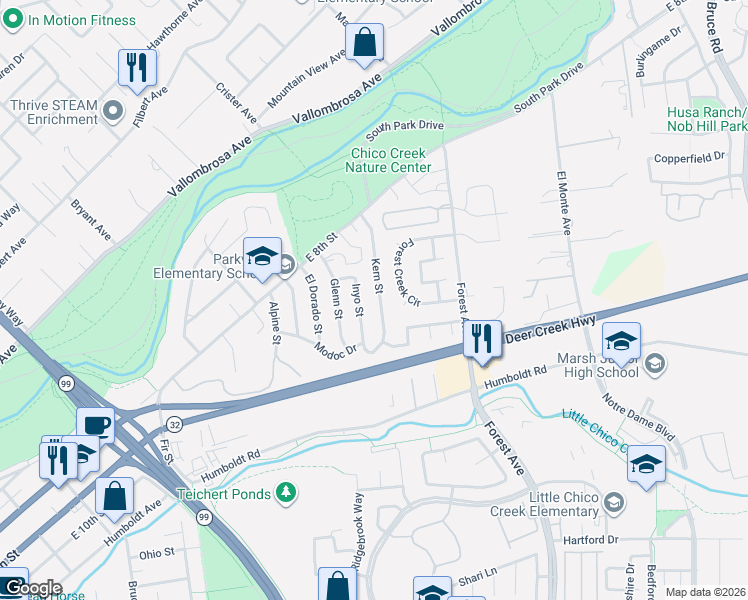 map of restaurants, bars, coffee shops, grocery stores, and more near 865 Kern Street in Chico