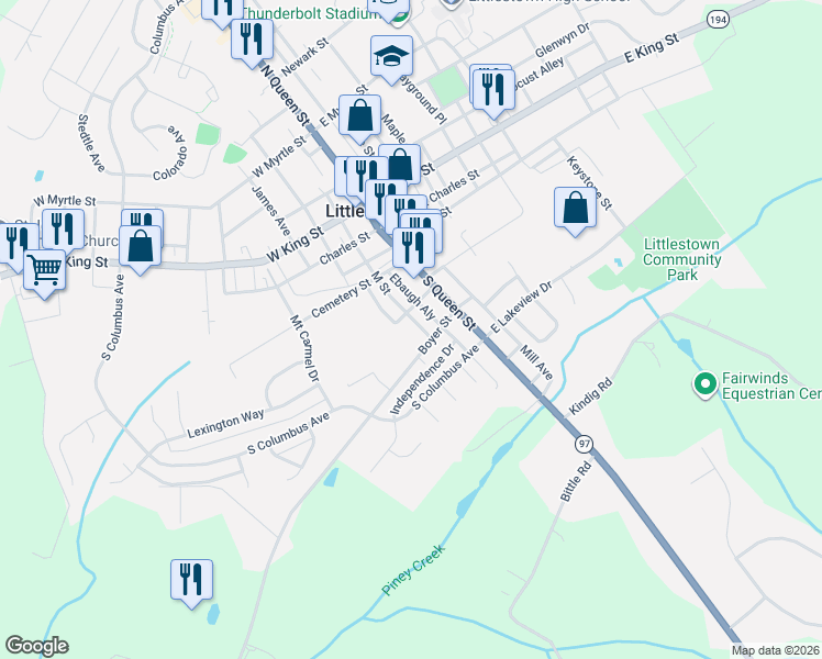 map of restaurants, bars, coffee shops, grocery stores, and more near 245 M St in Littlestown