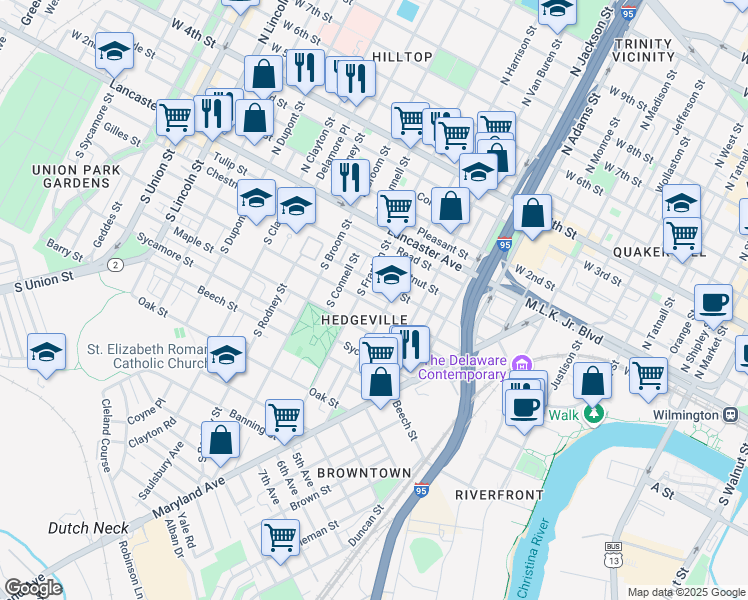 map of restaurants, bars, coffee shops, grocery stores, and more near 1219 Linden Street in Wilmington