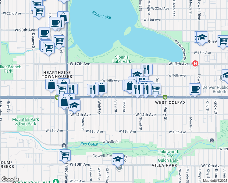 map of restaurants, bars, coffee shops, grocery stores, and more near 1533 Vrain Street in Denver