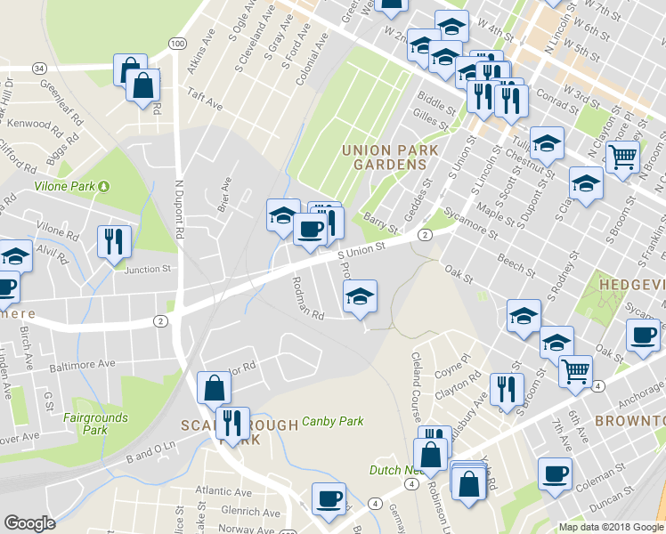 map of restaurants, bars, coffee shops, grocery stores, and more near 1969 Lakeview Road in Wilmington