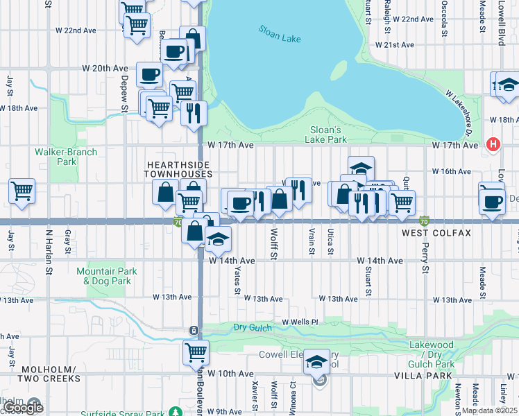 map of restaurants, bars, coffee shops, grocery stores, and more near 1516 Xavier Street in Denver