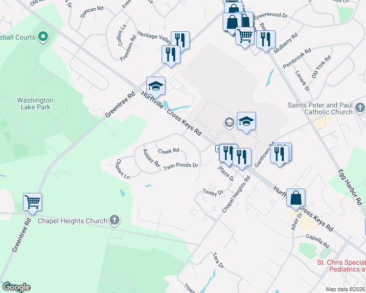 map of restaurants, bars, coffee shops, grocery stores, and more near 15 Creek Road in Washington Township