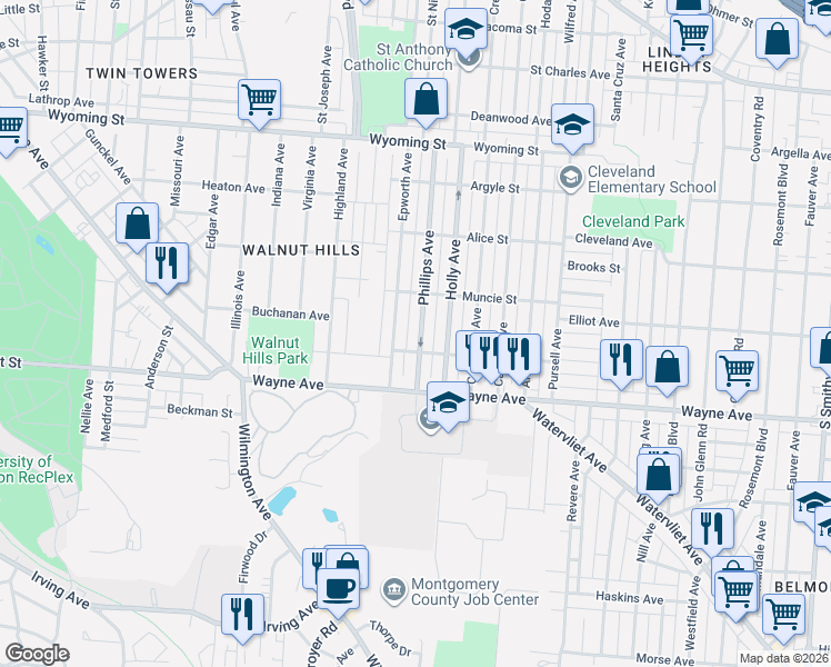 map of restaurants, bars, coffee shops, grocery stores, and more near 1343 Phillips Avenue in Dayton