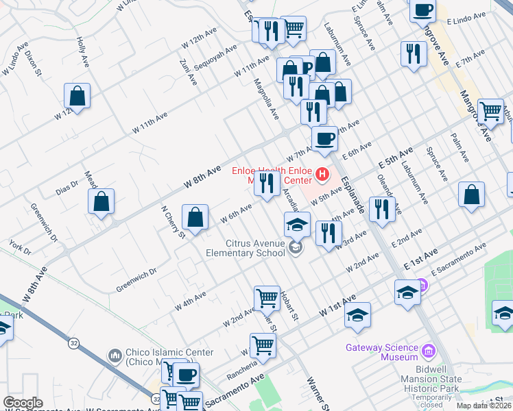 map of restaurants, bars, coffee shops, grocery stores, and more near 401 West 6th Avenue in Chico