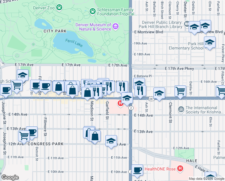 map of restaurants, bars, coffee shops, grocery stores, and more near 1547 Jackson Street in Denver