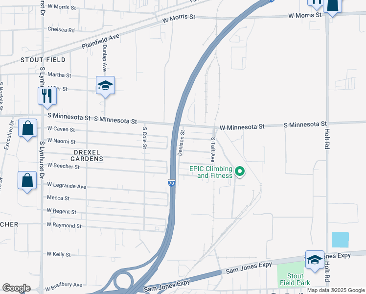 map of restaurants, bars, coffee shops, grocery stores, and more near 4642 West Naomi Street in Indianapolis