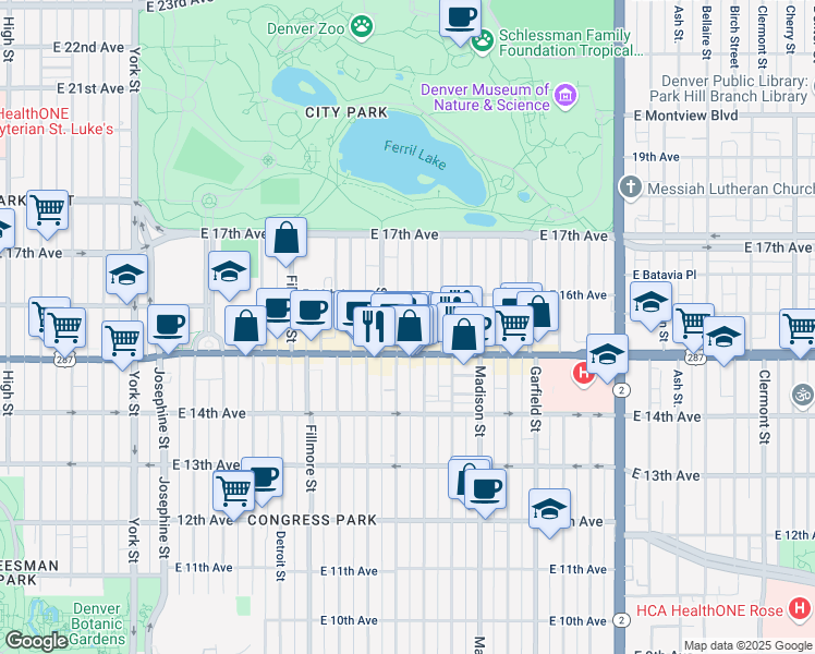 map of restaurants, bars, coffee shops, grocery stores, and more near 1541 Adams Street in Denver