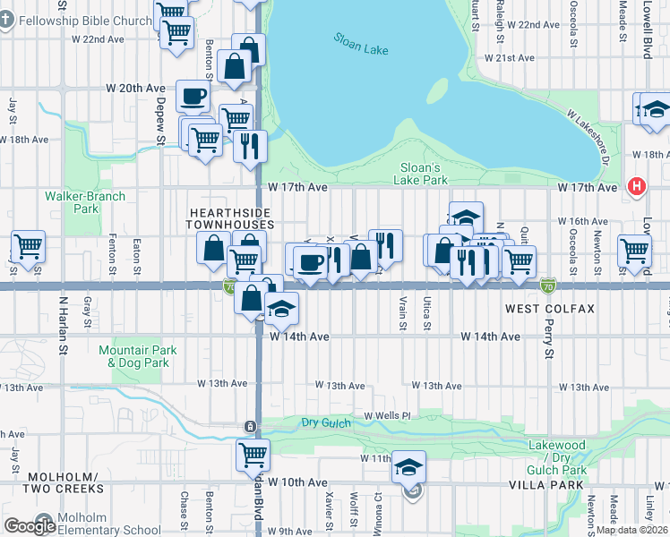 map of restaurants, bars, coffee shops, grocery stores, and more near 1516 Xavier Street in Denver
