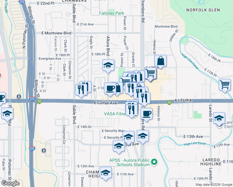 map of restaurants, bars, coffee shops, grocery stores, and more near 15037 East Colfax Avenue in Aurora