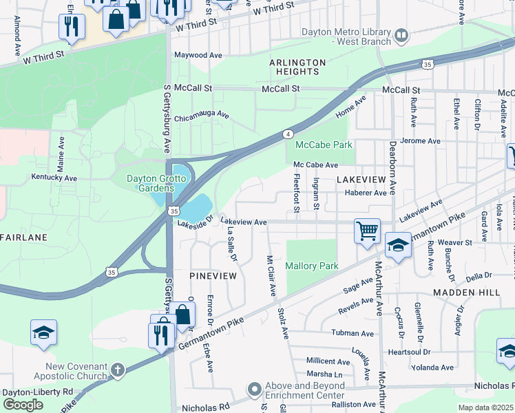 map of restaurants, bars, coffee shops, grocery stores, and more near 3434 Haberer Avenue in Dayton