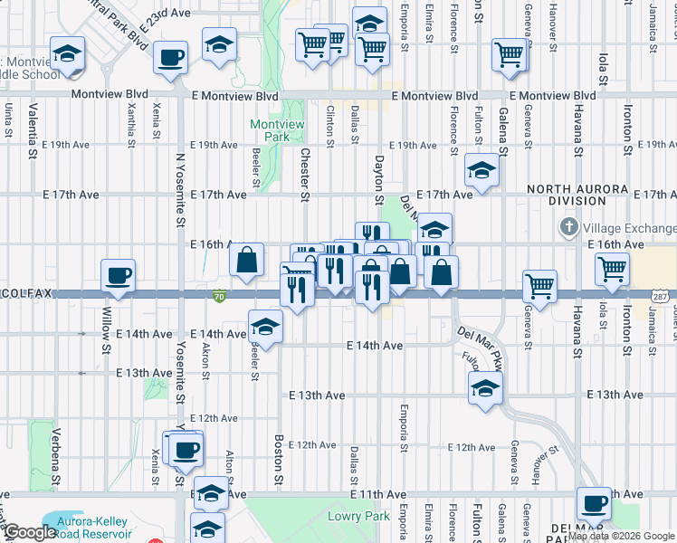 map of restaurants, bars, coffee shops, grocery stores, and more near 1545 Dallas Street in Aurora