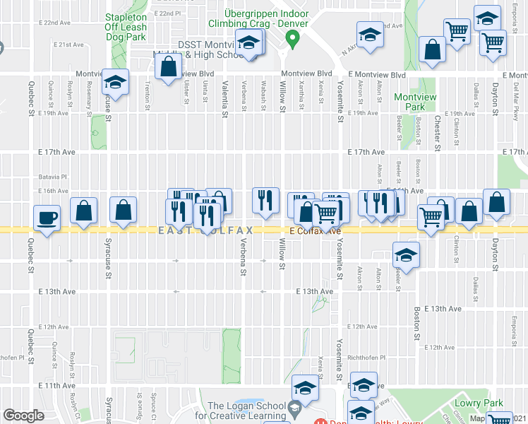 map of restaurants, bars, coffee shops, grocery stores, and more near 1524 Wabash Street in Denver