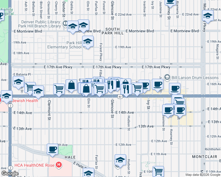 map of restaurants, bars, coffee shops, grocery stores, and more near 1534 Forest Street in Denver