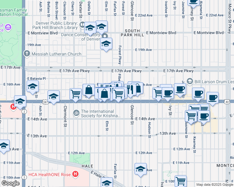 map of restaurants, bars, coffee shops, grocery stores, and more near 1535 Filbert Court in Denver