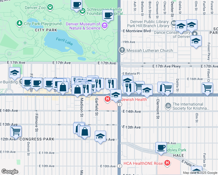 map of restaurants, bars, coffee shops, grocery stores, and more near 1548 Harrison Street in Denver