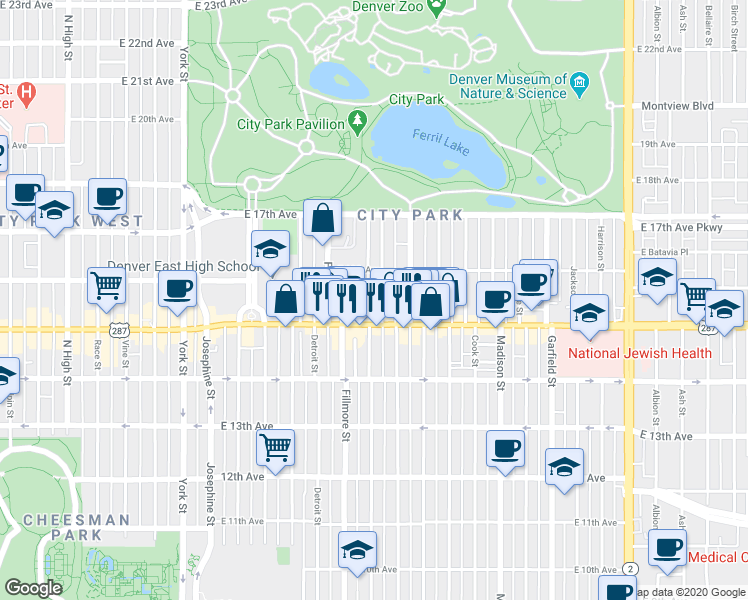 map of restaurants, bars, coffee shops, grocery stores, and more near 1550 Milwaukee Street in Denver