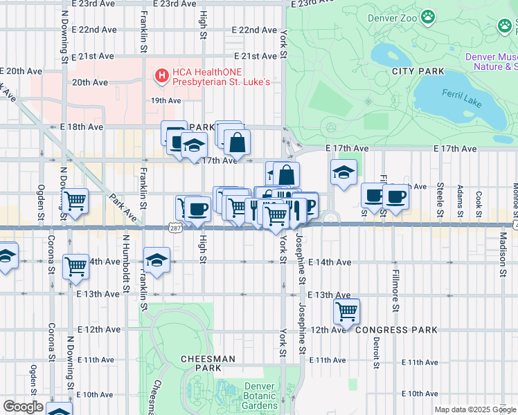map of restaurants, bars, coffee shops, grocery stores, and more near 1546 North Gaylord Street in Denver