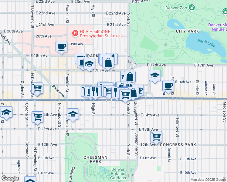 map of restaurants, bars, coffee shops, grocery stores, and more near 1555 Vine Street in Denver