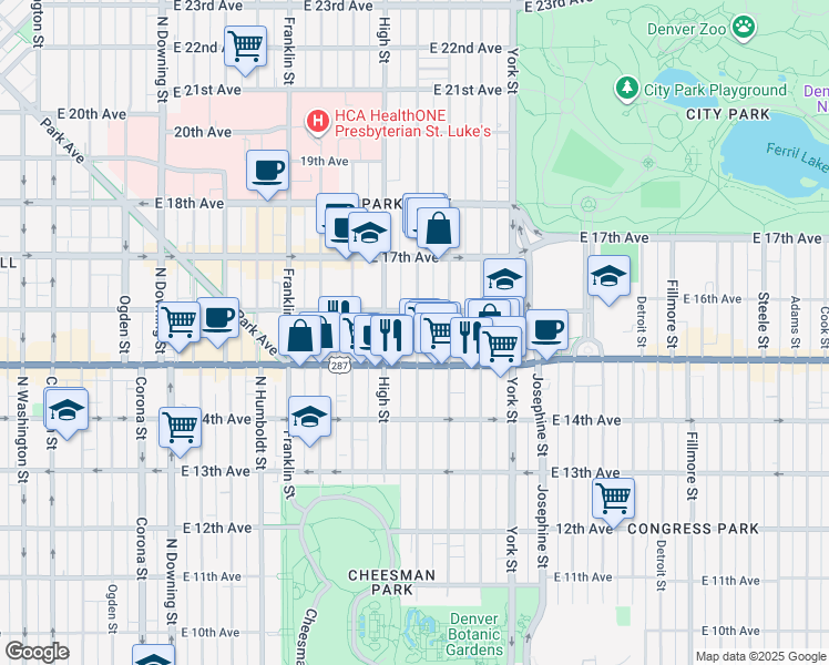 map of restaurants, bars, coffee shops, grocery stores, and more near in Denver