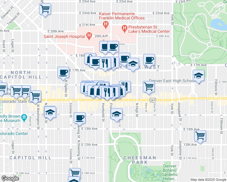 map of restaurants, bars, coffee shops, grocery stores, and more near 1544 Franklin Street in Denver