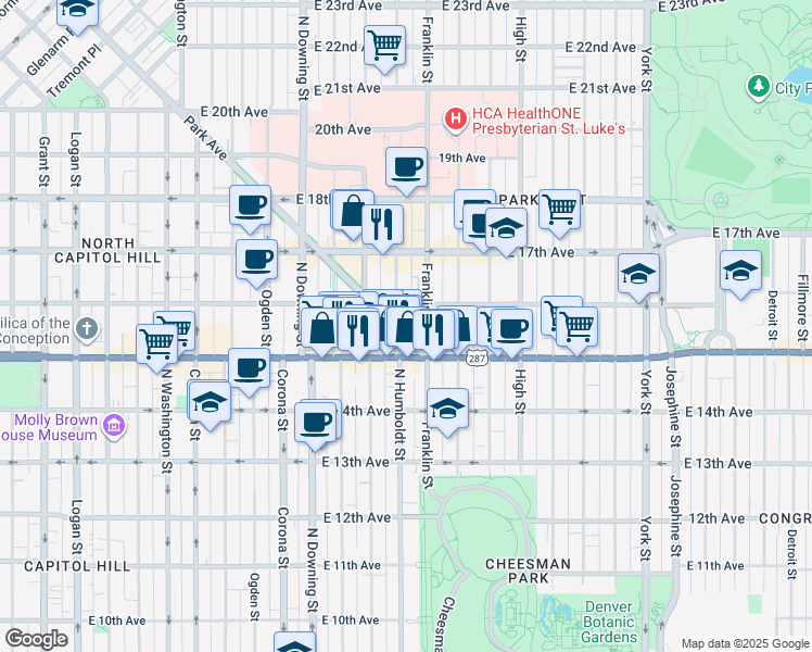 map of restaurants, bars, coffee shops, grocery stores, and more near 1510 Humboldt Street in Denver