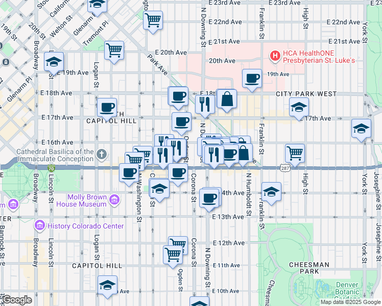map of restaurants, bars, coffee shops, grocery stores, and more near 1548 North Ogden Street in Denver