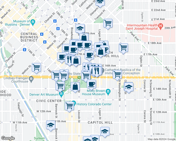 map of restaurants, bars, coffee shops, grocery stores, and more near 1540 Sherman Street in Denver
