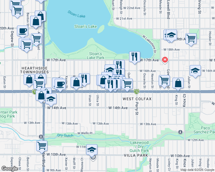 map of restaurants, bars, coffee shops, grocery stores, and more near 1526 Tennyson Street in Denver