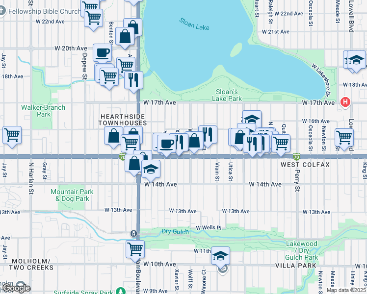 map of restaurants, bars, coffee shops, grocery stores, and more near 1516 Xavier Street in Denver