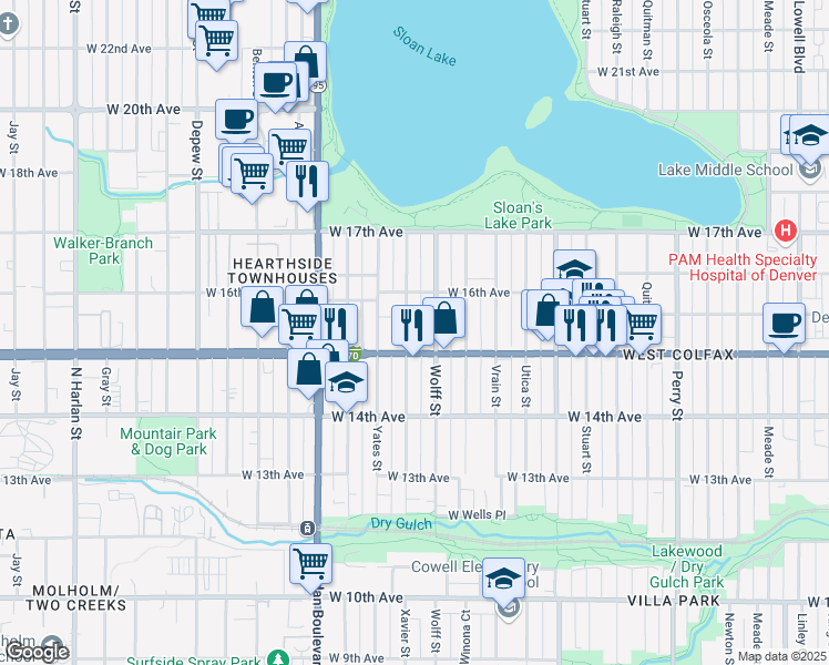 map of restaurants, bars, coffee shops, grocery stores, and more near 1516 Xavier Street in Denver