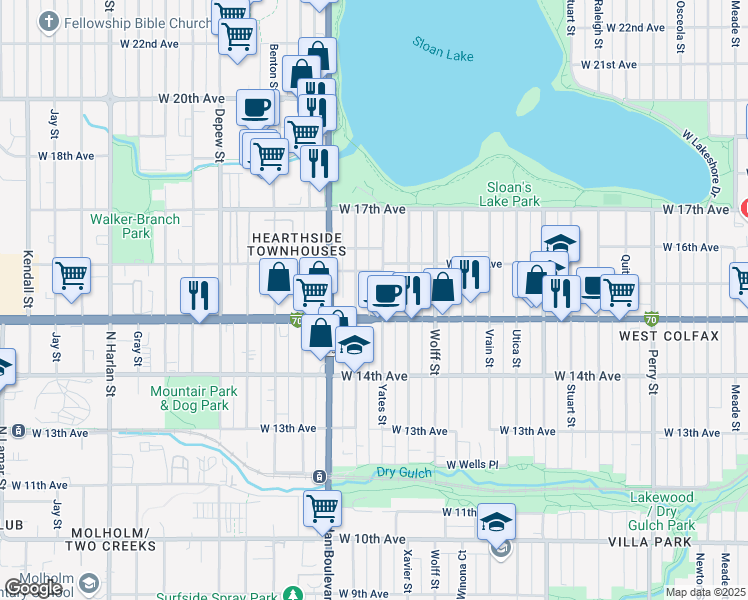 map of restaurants, bars, coffee shops, grocery stores, and more near in Denver