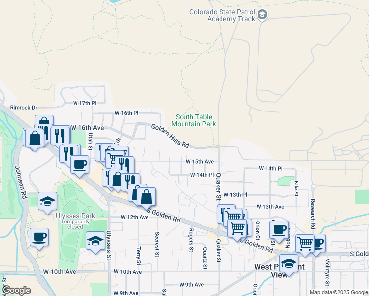 map of restaurants, bars, coffee shops, grocery stores, and more near 16665 Golden Hills Road in Golden