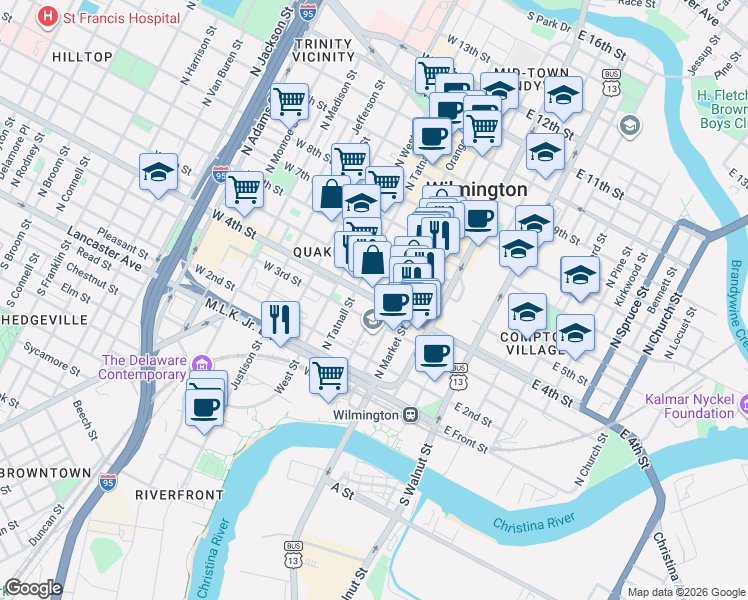 map of restaurants, bars, coffee shops, grocery stores, and more near 317 North Orange Street in Wilmington