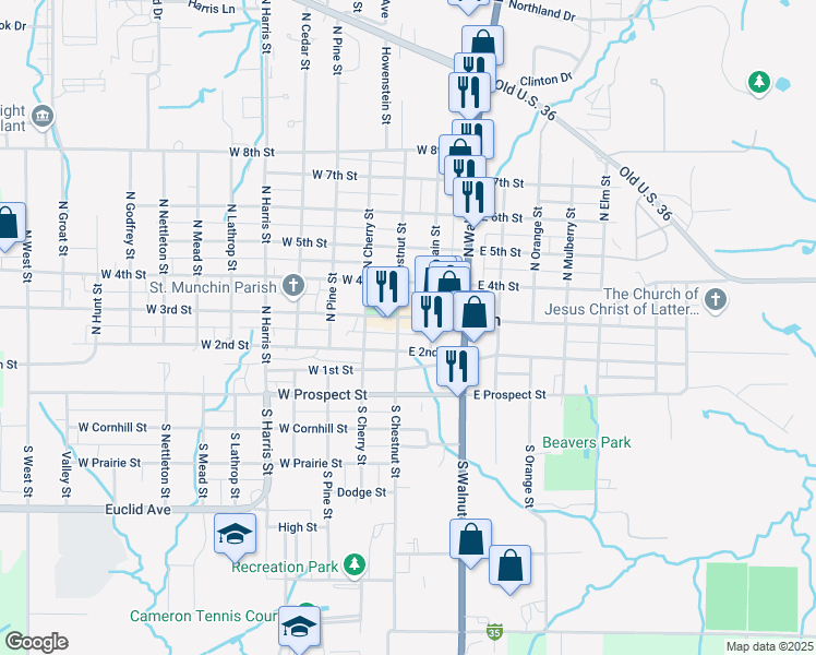 map of restaurants, bars, coffee shops, grocery stores, and more near 124 East 3rd Street in Cameron