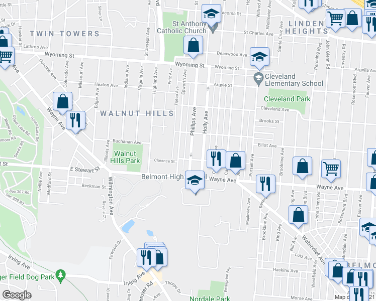 map of restaurants, bars, coffee shops, grocery stores, and more near 1343 Phillips Avenue in Dayton
