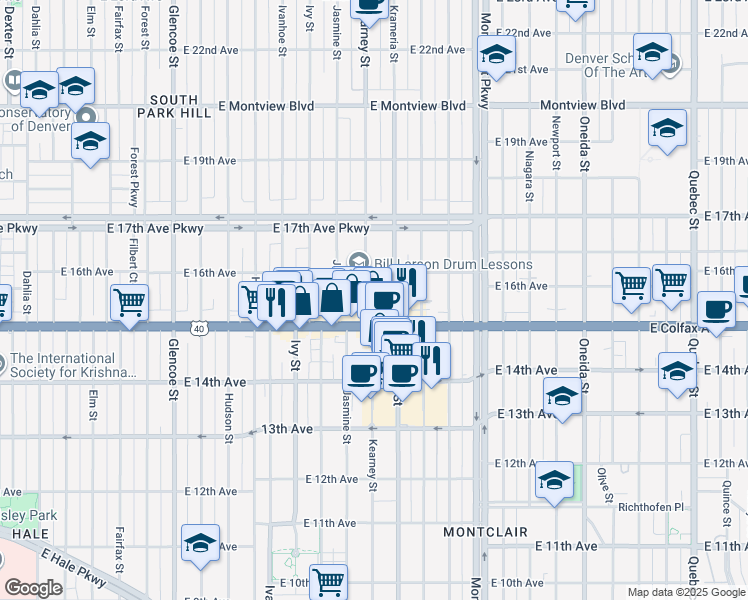 map of restaurants, bars, coffee shops, grocery stores, and more near 1536 Kearney Street in Denver