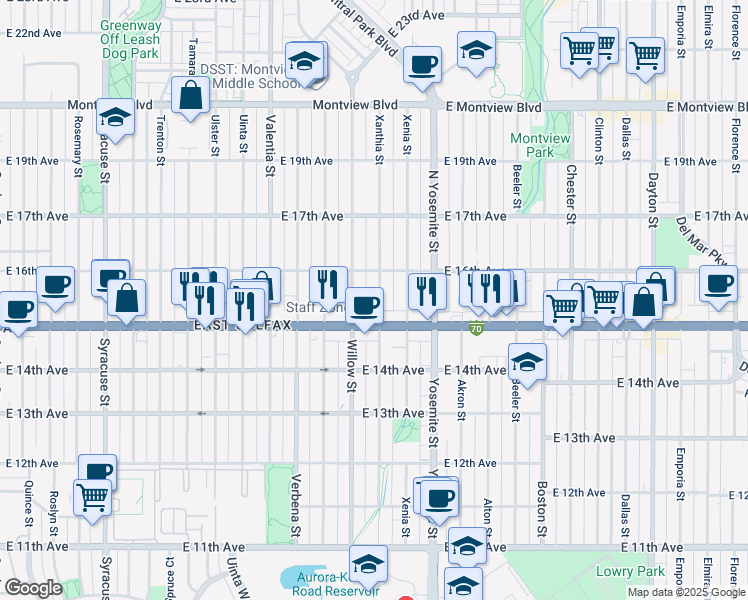 map of restaurants, bars, coffee shops, grocery stores, and more near 1541 Xanthia Street in Denver