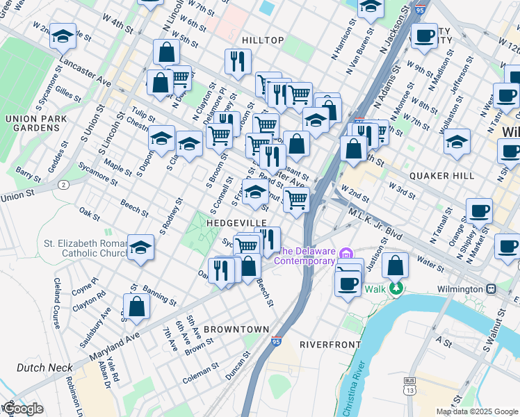 map of restaurants, bars, coffee shops, grocery stores, and more near 1128 Elm Street in Wilmington
