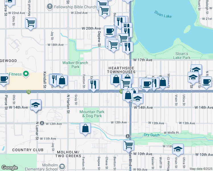 map of restaurants, bars, coffee shops, grocery stores, and more near 1533 Chase Street in Denver