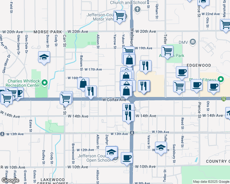 map of restaurants, bars, coffee shops, grocery stores, and more near 1549 Yarrow Street in Lakewood